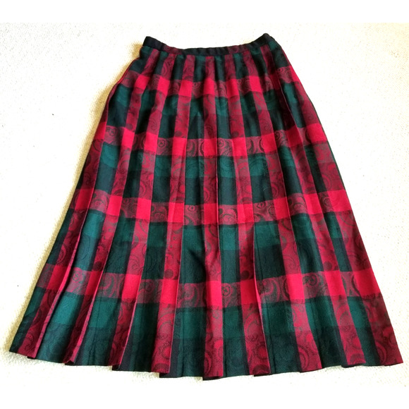 VITNAGE Y2K Womens Skirt-PENDLETON-red/green plaid wool A-line midi pleated-10 - Picture 1 of 4
